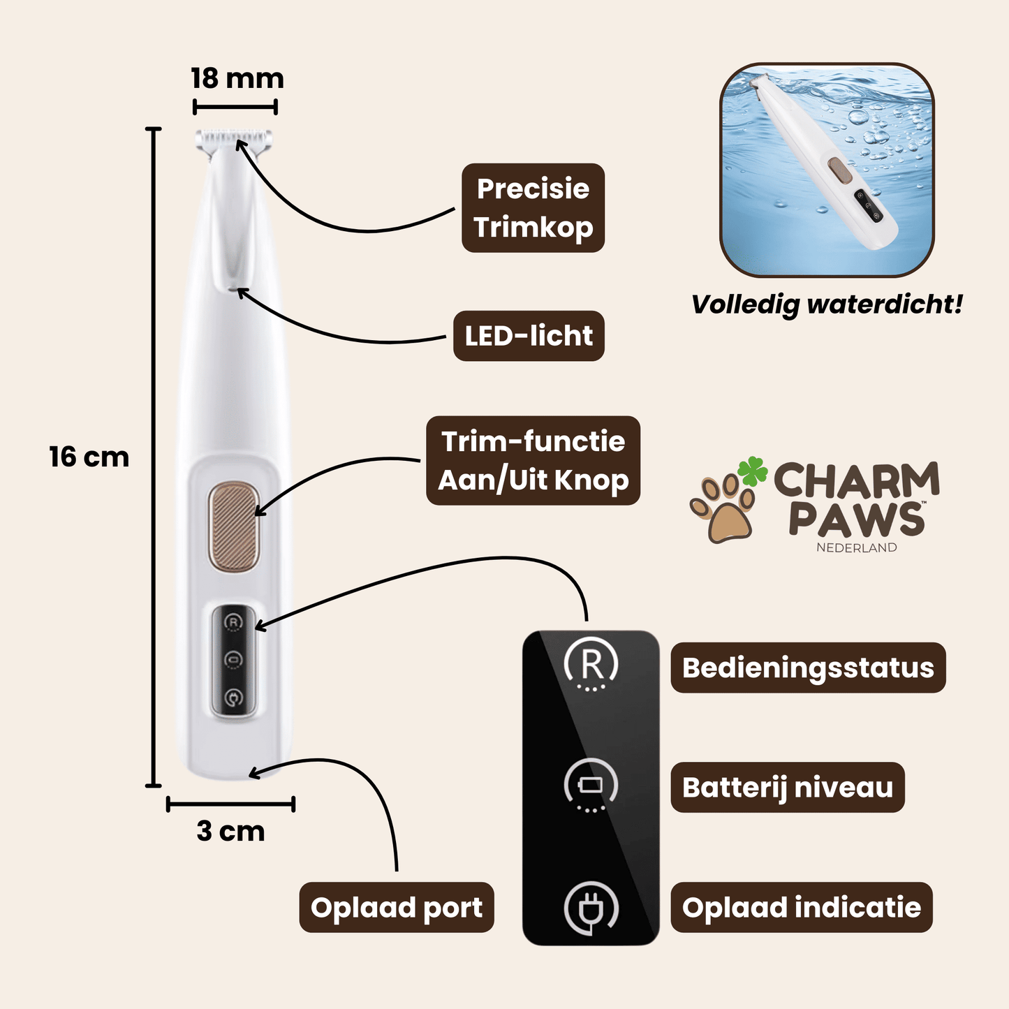 CharmPaws PawBlade Pro pet trimmer with precision blades, showing the compact, professional grooming tool for pets.