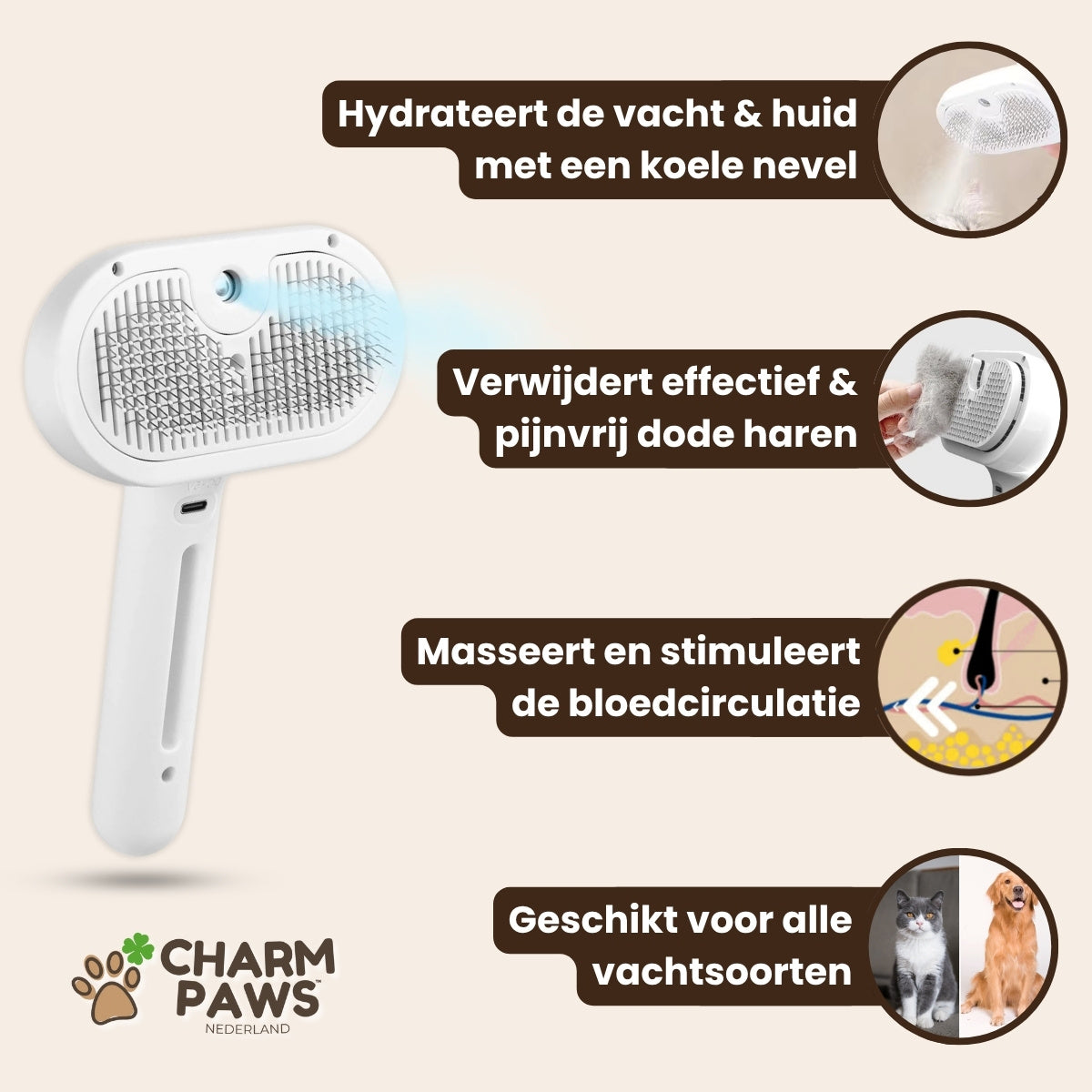 CharmPaws® Steami Pro - Professionele Vachtverzorgings Borstel voor Huisdieren