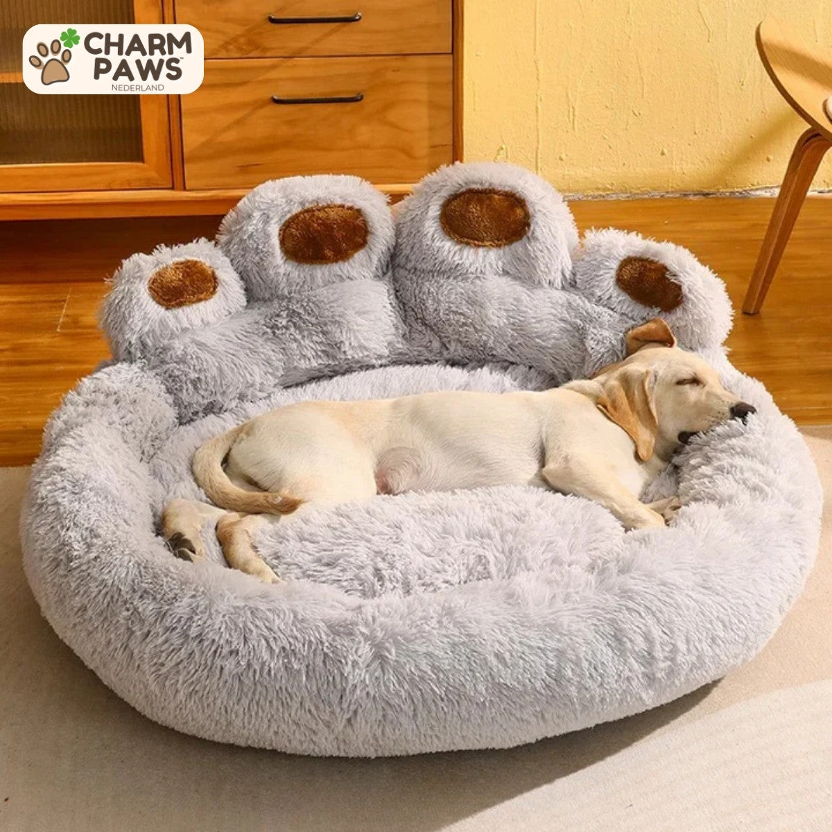 Gray CharmPaws Luxe Pootvormige slaapmand for dogs and cats, cozy pet bed with plush fabric and supportive shape.