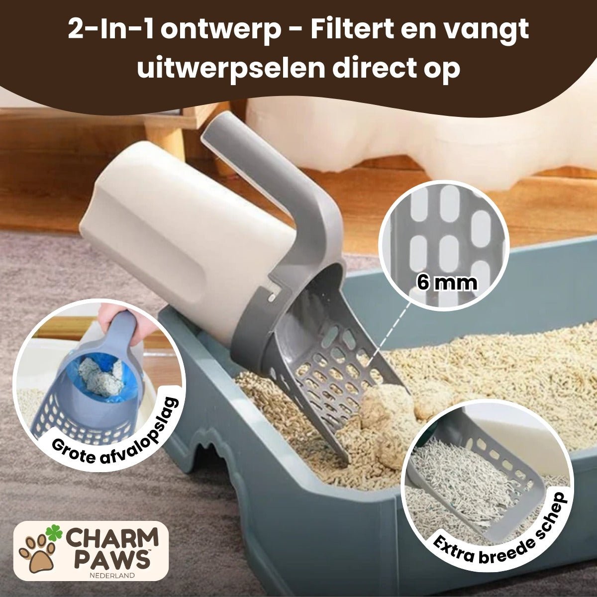 CharmPaws™ 2 - in - 1 Kattenbakschep met Container - CharmPaws