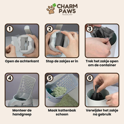 CharmPaws™ 2 - in - 1 Kattenbakschep met Container - CharmPaws