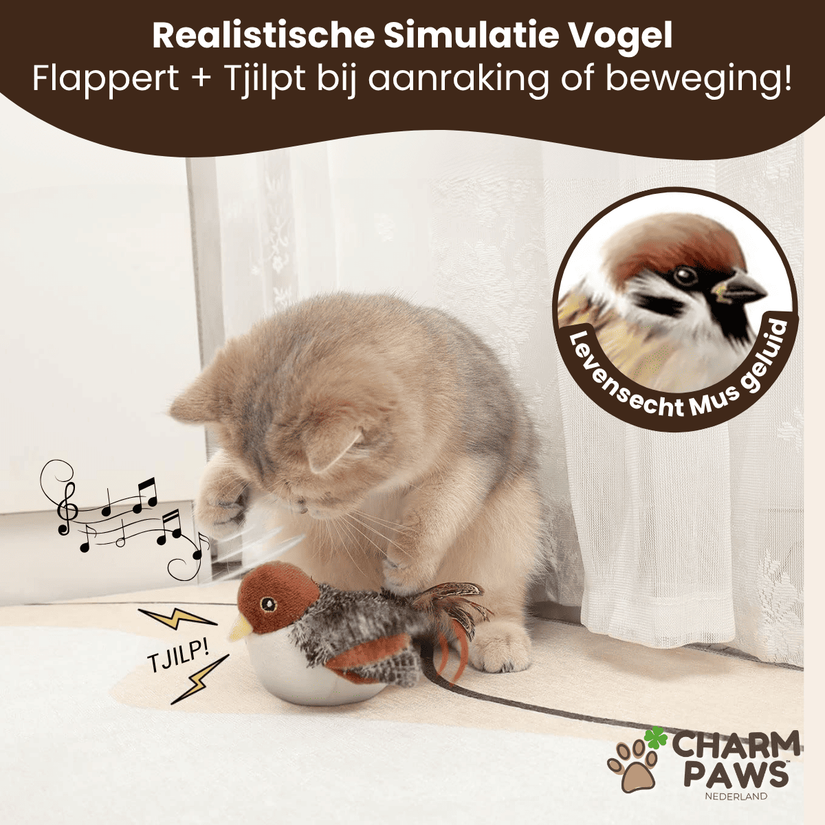 CharmPaws® Realistische Simulatie Vogel voor Katten - Kleine Mus (Flappert + Tjilpt)